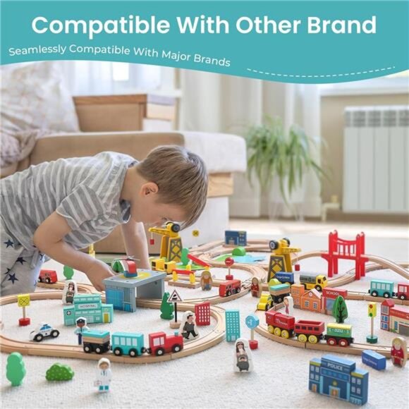 Land Wooden Train Set for Toddler - 39 Pcs- with Wooden Tracks Compatible - Picture 2 of 8